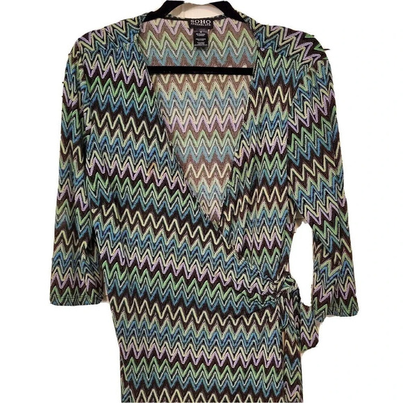 Soho Apparel LTD Wrap Dress Womens Chevron Sz 10 Blue Green Brown Fall Midi - Picture 3 of 5